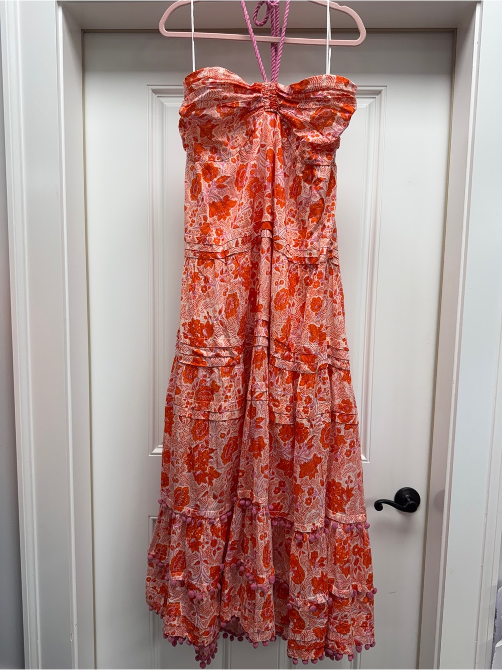 Ro's Garden Anthropologie Denise Halter Maxi Dress Pom Pom Pink Orange Floral M - Picture 6 of 15